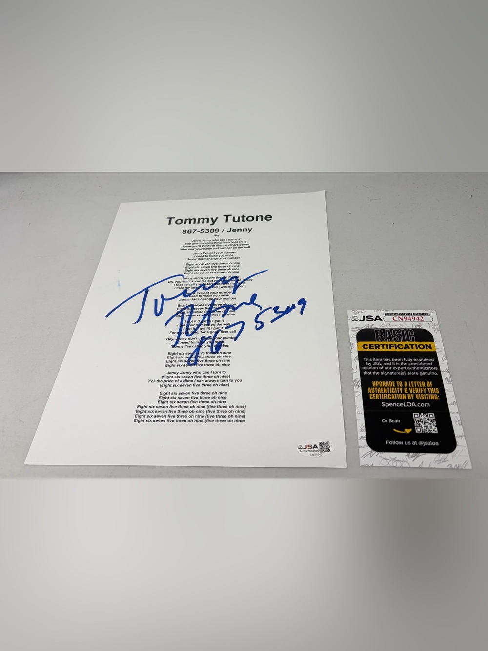 Tommy Tutone signed Jenny 867-5309 Lyric Sheet JSA COA